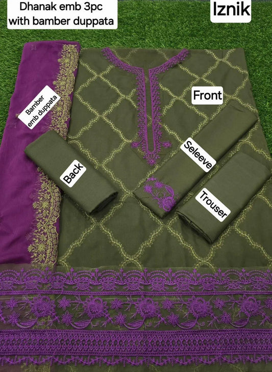 Exquisite 3 Pcs Embroidered Suit Set in Green | Crafted Dhanak Fabric