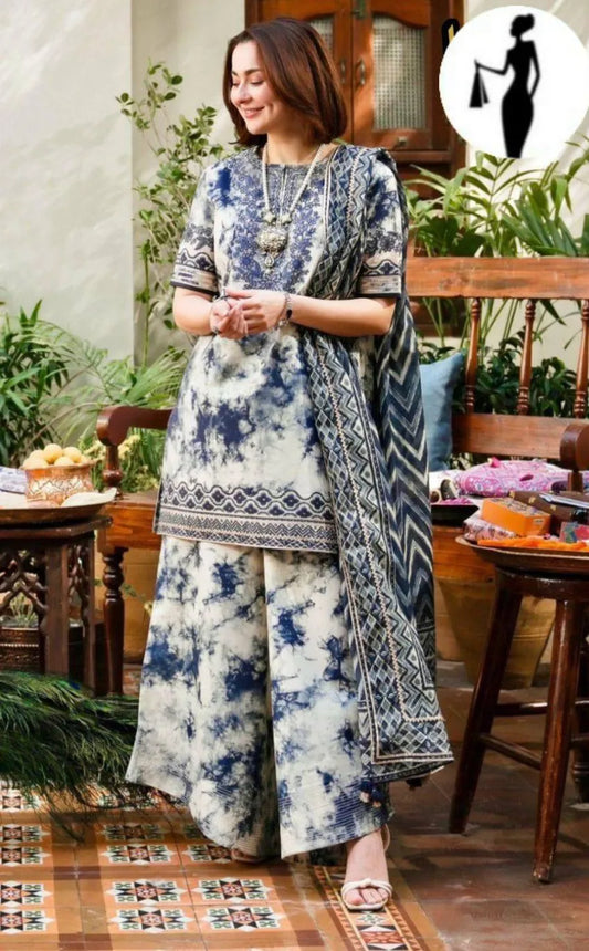 3 Pcs Women's Stitched Arabic Lawn Printed Suit