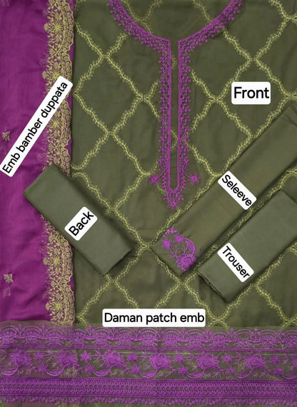 Exquisite 3 Pcs Embroidered Suit Set in Green | Crafted Dhanak Fabric