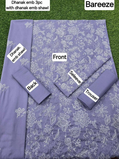 Stunning Purple Embroidered Suit Set - 3 Pcs - Dhanak Fabric