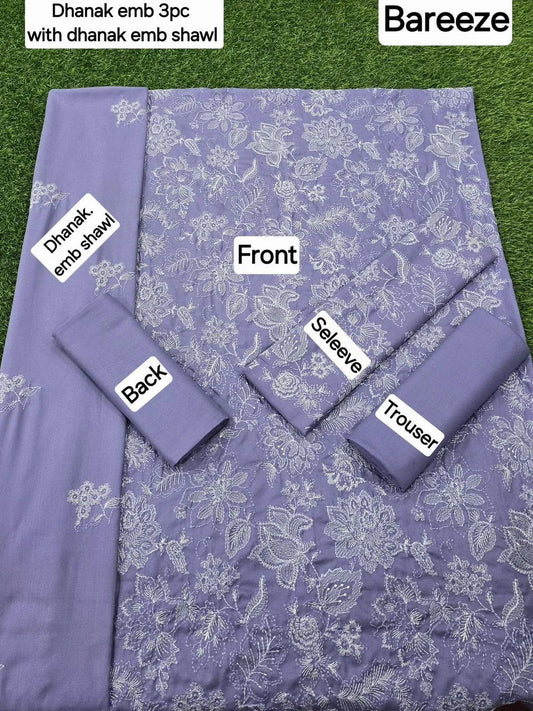 Stunning Purple Embroidered Suit Set - 3 Pcs - Dhanak Fabric