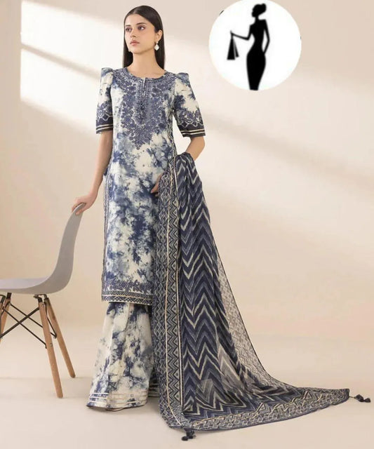 3 Pcs Women's Stitched Arabic Lawn Printed Suit