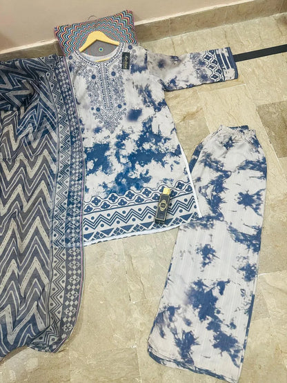 3 Pcs Women's Stitched Arabic Lawn Printed Suit